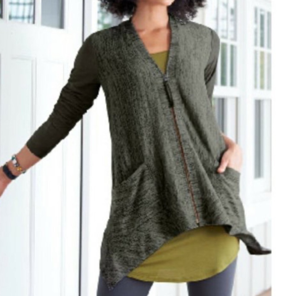 LOGO Lori Goldstein Knit Cardigan Faux Suede Sleeves Shark Bite Hem Green
